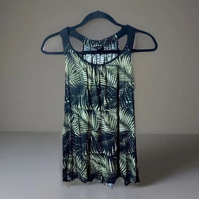 Camiseta sin mangas de cable y calibre para mujer M verde negra halter estampado de hojas tropicales Foto 1 de 4