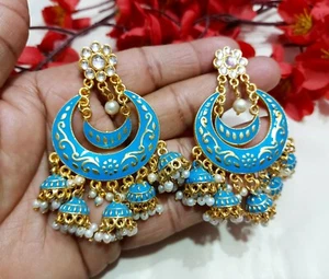 Bridal Chand Bali Kundan Earrings Pierced In Jhumki Style Party Wear Wedding Set - Picture 1 of 5