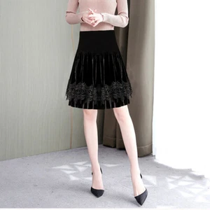 Damen Samt kurzer Rock Spitze gespleißt elastische Taille ausgestellt A-Linie schwarz Arbeitskleidung - Bild 1 von 11