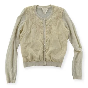 Pure DKNY Cardigan Womens Medium Button Up Floral Embroidered Silk Front Sweater - Picture 1 of 9