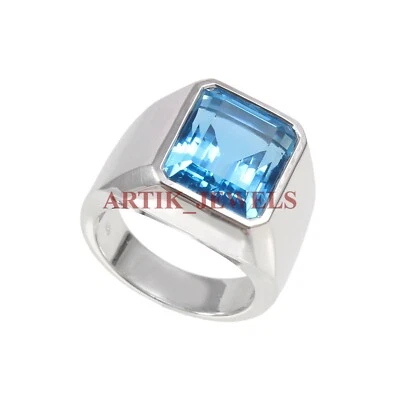 Naturale Blu Topazio Pietra preziosa con 14K Bianco Argento Placcato Oro Anello - Immagine 1 di 4