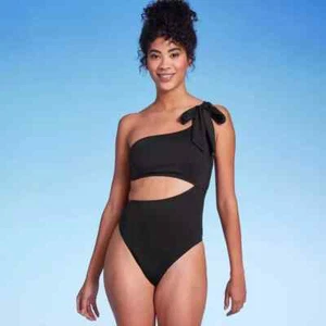 Shade & Shore Women's One Shoulder Bow Cut Out One Piece Swimsuit Black Small - Picture 1 of 8