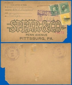 Cubierta registrada APR 22, 1911, Ravenna Ohio cancela a SPEAR & CO, SC #331, #338 - Imagen 1 de 1