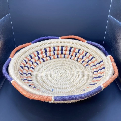 Handmade Southwestern Hand Woven Basket Purple/ Orange Design Ruffled Edge 14” Cover