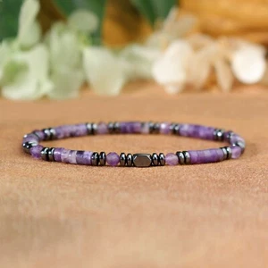 Amethyst Hematite Beaded Crystal Healing Energy Stretchy Men Women Bracelet - Picture 1 of 4