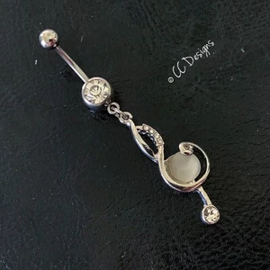 14g White Sparkle Cz Gem Dangle Music Note Belly Button Navel Ring (B306) - Picture 1 of 3