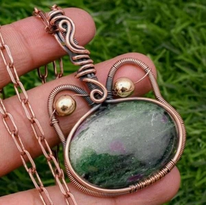Ruby Zoisite Cat Shape Copper Wire Wrapped Handmade Jewelry Pendant Necklace - Picture 1 of 7