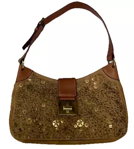 Oscar De La Renta Tan Suede & Leather Purse All Over Beading Handbag Gold Beads - Picture 1 of 22