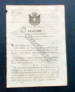 Decreto Eugenio - Sardegna soggetta alla legge della Leva militare - 1848 - Picture 1 of 1