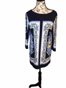 Susan Graver Small Blue Yellow And White Pullover Tunic Geometric Print - Picture 1 of 6