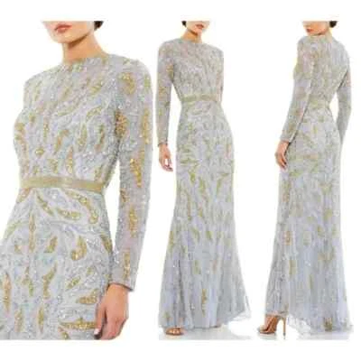 Vestido Mac Duggal platina prata ouro paisley frisado manga longa tamanho 8 $598 - Imagem 1 de 3