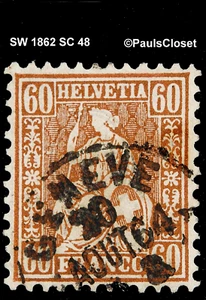 SW 1862 SC 48 HELVETIA 60c BRONZE USED NO GUM FINE/VERY FINE - Picture 1 of 2