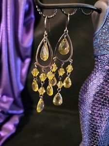 Handmade Black Alloy Chandelier Earrings/Yellow Teardrop Crystals/NEW