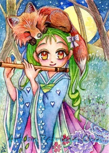 ACEO LE Art Card Print 2.5"x3.5" Girl With Flute And The Sleepy Fox by Patricia - Foto 1 di 1