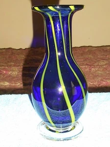 Vintage Hand Blown Cobalt Blue Tango Glass Vase Yellow Striped 1960s Art Glass - Picture 1 of 12