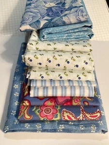 Lot of 10 Coordinating Fabric Scraps Blue Floral Tone-on-Tone Calico Stripe - Picture 1 of 6