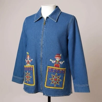 Chaqueta Denim Arte Usable Bob Mackie 1X Cremallera Completa Bordada Muñecas Alemanas Corazones Foto 1 de 4