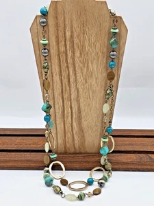 Premier Designs ST. LUCIA Necklace Matte Gold Brass Turquoise Mixed Beads 36" - Picture 1 of 8