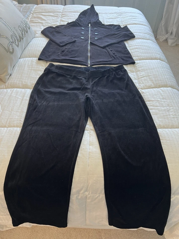 Style and Co Women's Size XL Black Velour Sweatsuit Full Zip Jacket Hoodie - Image 1 of 4