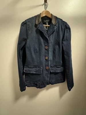 Ralph Lauren Denim Blazer Jacket Sheep Leather Collar Women’s 14 Blue Stretch - Image 1 of 4