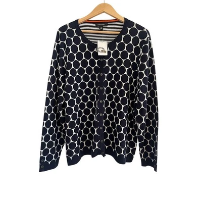 Nuevo con etiquetas Cárdigan Foxcroft Azul Marino Blanco Lunares Mujer 2X Dinero Antiguo Academia Oficina Foto 1 de 4