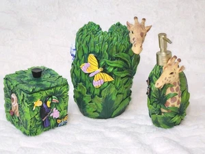 Vintage Jungle Rain Forest Green Animal Theme Bathroom Set Of 3 Girraffe Kmart - Picture 1 of 18