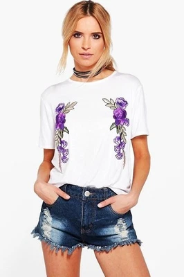 Camiseta blanca de gran tamaño informal holgada con apliques bordados camiseta elástica 6 M Foto 1 de 2