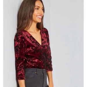 ModCloth Suits You Well Burnout Wrap Bodysuit 1X Crushed Wine Red Velvet Floral - Picture 1 of 9