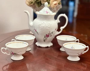 Vintage Royal Kent Collection Poland Bavarian Rose Teekanne, Teetassen, 4er Set - Bild 1 von 20