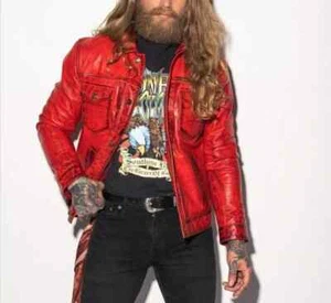 Men's 90's Red Motor Trucker Denim Vintage Genuine Leather Jacket - Picture 1 of 4