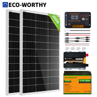 ECO-WORTHY 100W 200W 400W Watt 12Volt Solar Panel Kit 50/100Ah Battery Off Grid - Image 1 of 4