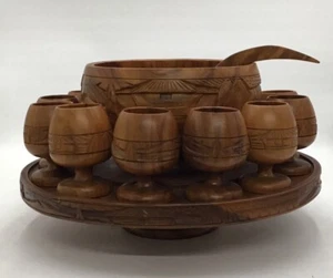 Carved Wood Punch Bowl Set w Ladle & 12 Footed Cups And Footed Tray -Phillipines - Picture 1 of 14