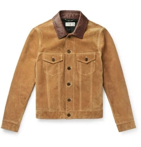 Saint Laurent Paris suede trucker jacket camel leather trimmed collar size IT 48 - Picture 1 of 13