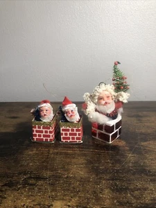 Vintage Santa Claus in Chimney Christmas ornaments Lot Of 3 Plastic face - Picture 1 of 19