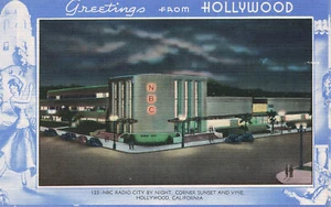 VINTAGE LINEN HOLLYWOOD CA POSTCARD NBC RADIO CITY AT NITE SUNSET& VINE 061423 S - Picture 1 of 2