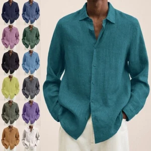 Mens T Shirt Lapel Neck Tops Men Long Sleeve Daily Wear Casual Tee Solid Color - Picture 1 of 25