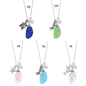 Colorful Sea Glass Pendant Necklace Clavicle Chain Jewelry Simple Sweater Chain - Picture 1 of 11