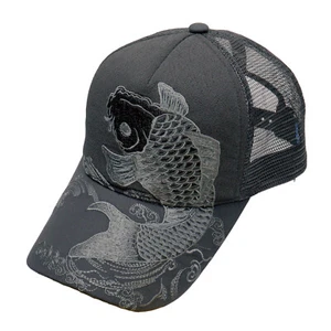 Japanese Pattern Embroidered Mesh Back Baseball Cap Monotone Black Koi, Carp - Picture 1 of 1