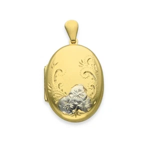 9ct Yellow & White Gold Flower Engraved Oval Locket - 17x24x6mm - Picture 1 of 7