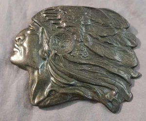 Native American Chief With Headdress Vintage Brass Belt Buckle - Picture 1 of 2