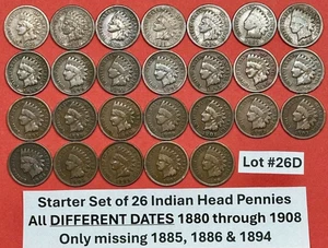 Indian Head Penny Pennies STARTER SET with 26 DIFFERENT DATES 1880-1908 #26D - Picture 1 of 6