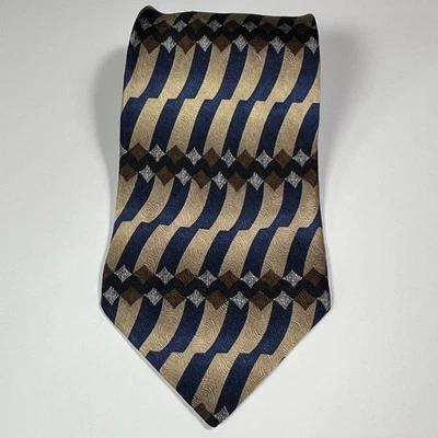 Gravata masculina Joseph & Feiss de seda padrão geométrico azul bege marrom empresarial - Imagem 1 de 4