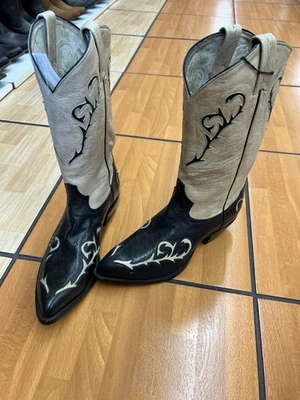 Botas de cuero vaqueras occidentales retro vintage beige blanco y roto talla 10 Foto 1 de 4