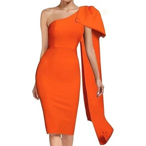 Vestido ceñido al cuerpo Uonbox para mujer M naranja con un hombro sin mangas con moño con manchas - Imagen 1 de 11