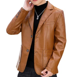 Herren warm Kunstleder PU lange Jacke Vlies gefüttert Mantel Tops Tasche Freizeit Smart - Bild 1 von 16