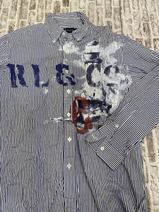 Polo Ralph Lauren bianca blu a righe vernice splatter graffiti abbottonata grande - Foto 1 di 8