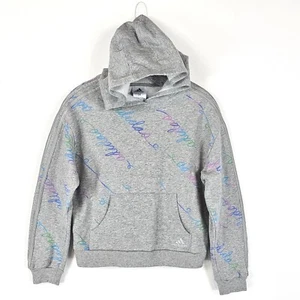 Adidas Girls Hoodie Size Large 14 Cropped Sweatshirt Gray Spellout Fleece Lined - Picture 1 of 11