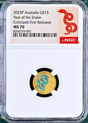 2025 Australia Colored GOLD $15 Lunar Year of the Snake NGC MS70 1/10oz Coin FR - Image 1 of 2