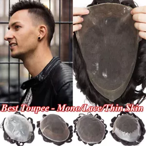 Mens Hair Replacement Ultra Thin Skin Lace Mono Toupee Hairpieces PU System Wig - Picture 1 of 55