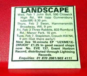 Landscape UK Tour/U2XME1X2MUCH Vintage ORIG 1978 Press/Magazine ADVERT 2"x 2" - Foto 1 di 3